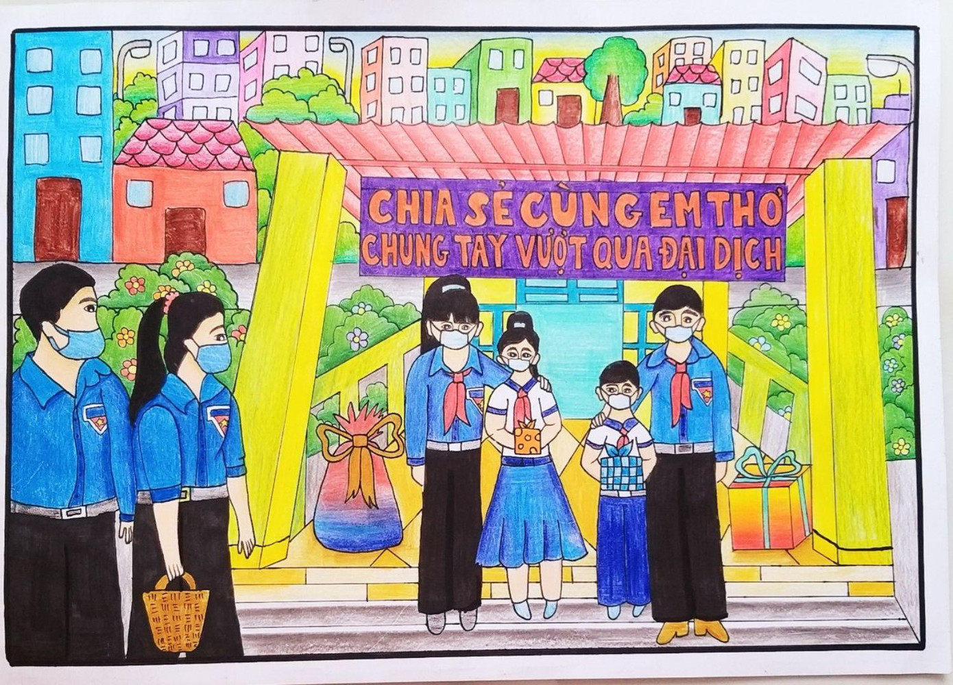 Bức tranh “Chia sẻ cùng em thơ - Chung tay vượt qua đại dịch” thể hiện tấm lòng thấu hiểu, sẻ chia của Gia Hân đối với sự khó khăn của các bạn nhỏ đồng trang lứa. Đặc biệt, trong tranh của Gia Hân, màu áo xanh của đoàn hội thanh niên xuất hiện rất nhiều như một đại diện vững chãi cho lòng tin, tiếng nói và quyết tâm của thiếu nhi cả nước.