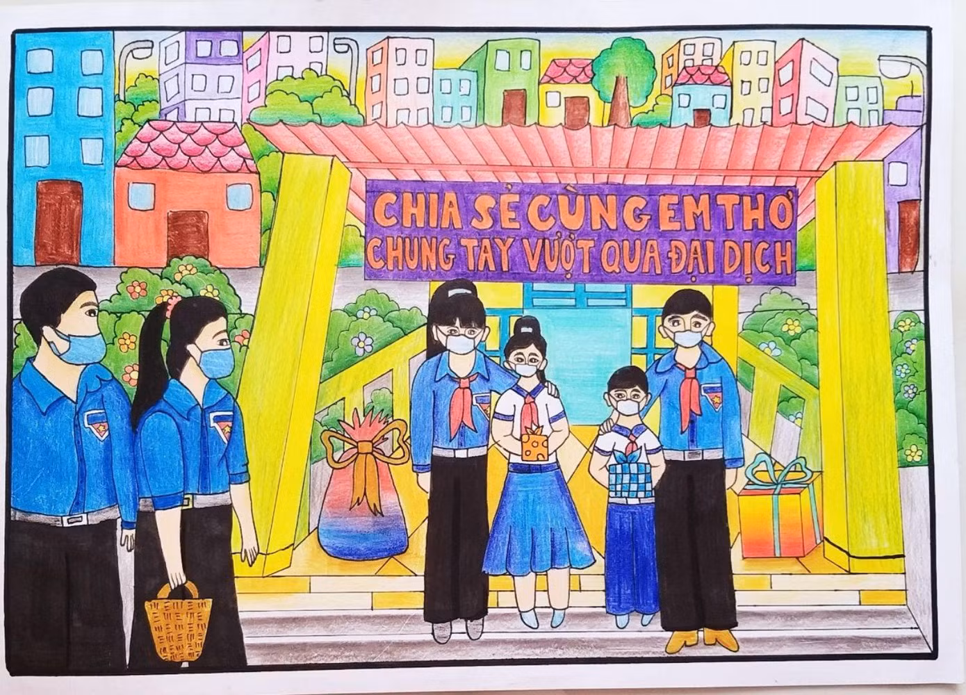 Bức tranh “Chia sẻ cùng em thơ - Chung tay vượt qua đại dịch” thể hiện tấm lòng thấu hiểu, sẻ chia của Gia Hân đối với sự khó khăn của các bạn nhỏ đồng trang lứa. Đặc biệt, trong tranh của Gia Hân, màu áo xanh của đoàn hội thanh niên xuất hiện rất nhiều như một đại diện vững chãi cho lòng tin, tiếng nói và quyết tâm của thiếu nhi cả nước.