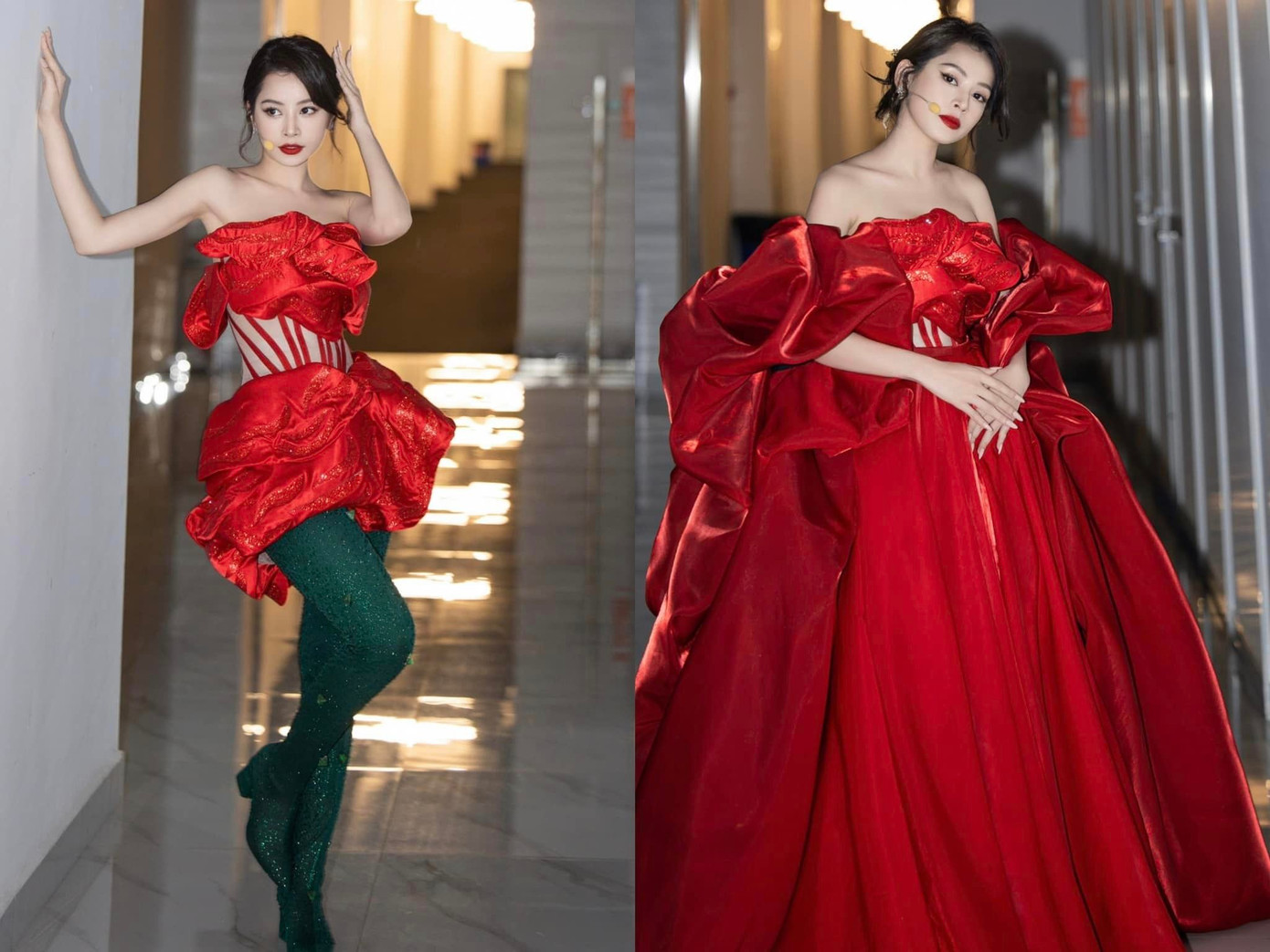 Bộ váy lộng lẫy khiến Chi Pu gặp bất tiện khi di chuyển.