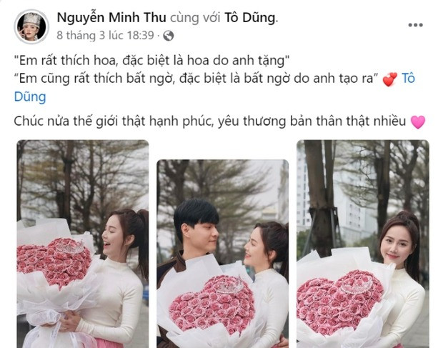 Minh Thu công khai tình cảm với Tô Dũng. Minh Thu công khai tình cảm với Tô Dũng.