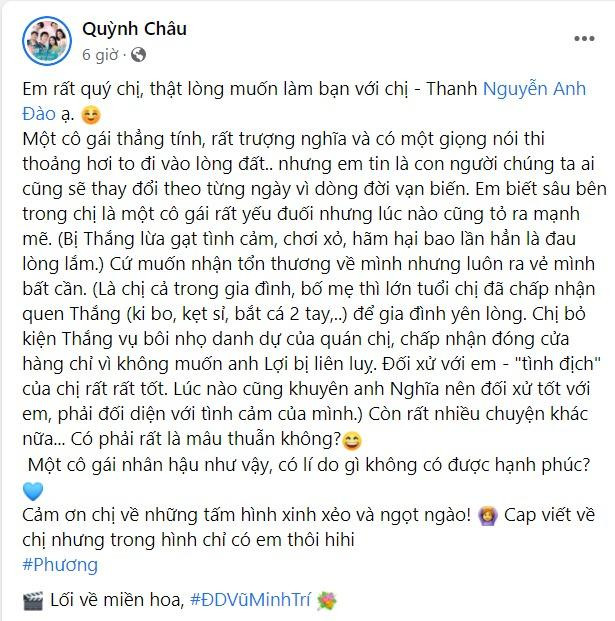 Quỳnh Châu lên tiếng bênh vực nhân vật Thanh (Anh Đào đóng). Quỳnh Châu lên tiếng bênh vực nhân vật Thanh (Anh Đào đóng).