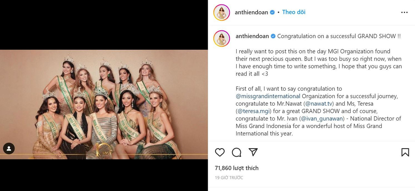 Cô có tâm thư dài cảm ơn Ban tổ chức MGI 2022 và các thí sinh.