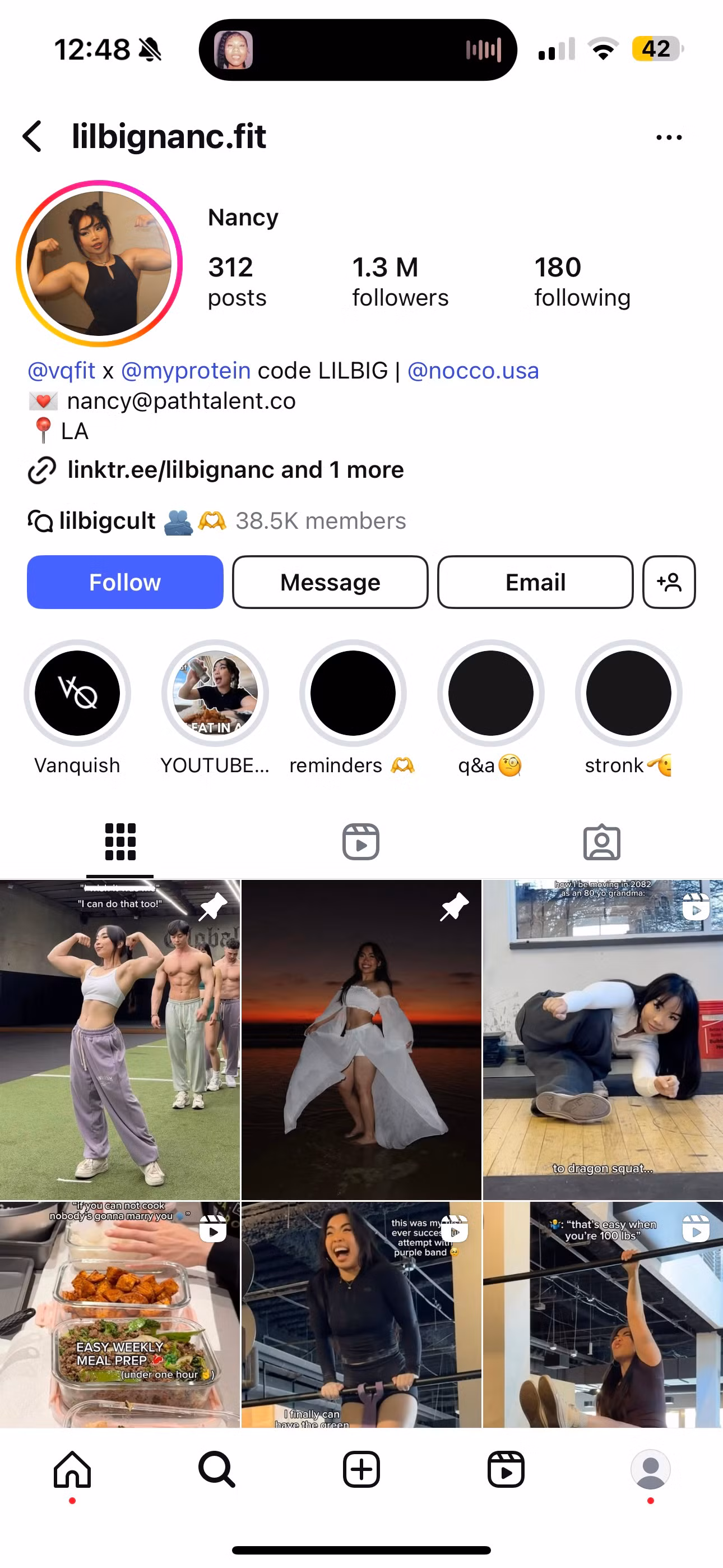 Hoàng Ngân với tài khoản mạng xã hội hơn 1 triệu lượt theo dõi (IG: @lilbignanc.fit).