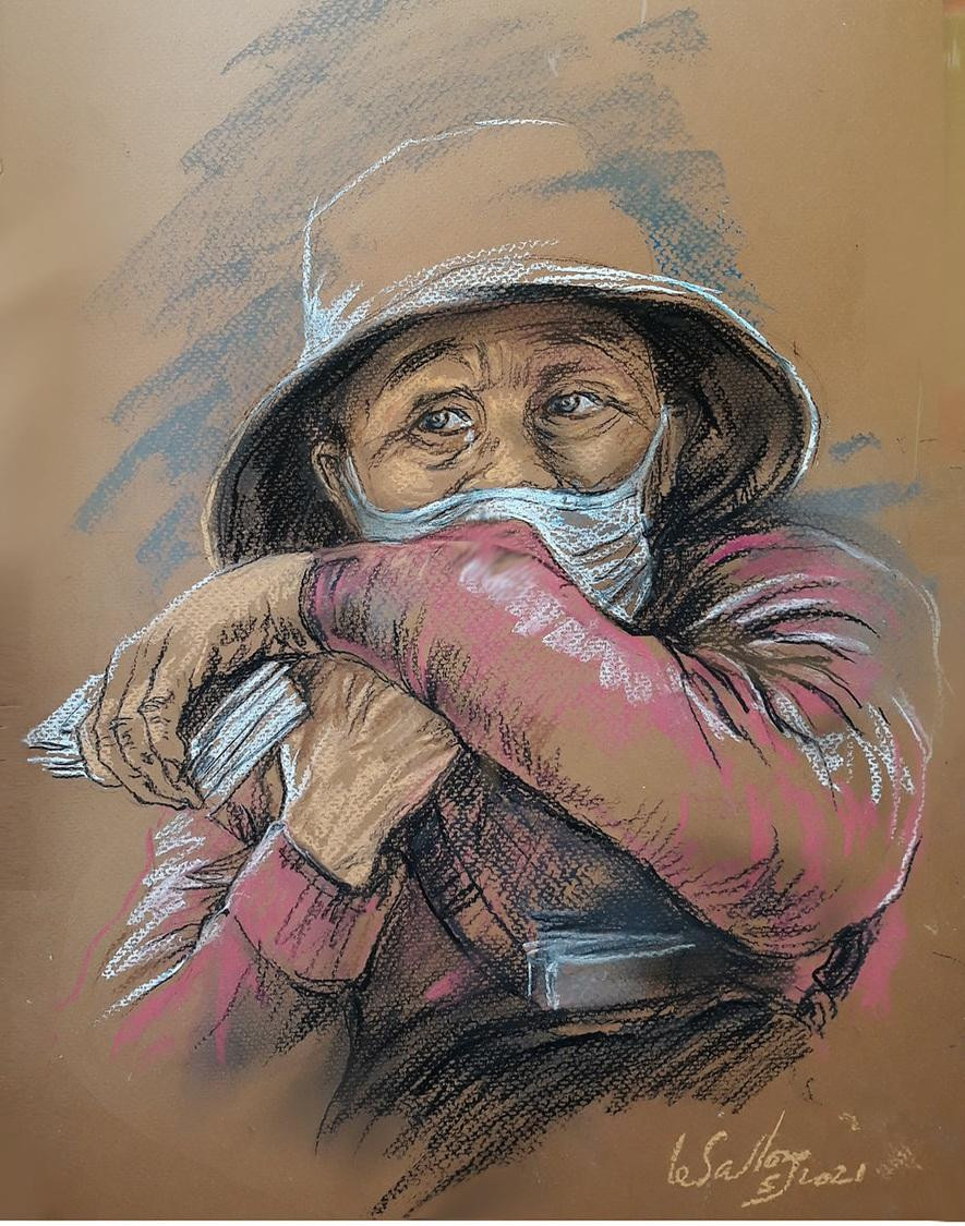 Mùa này ra đường là được nhắc nhở đeo khẩu trang ngay - Tranh: Họa sĩ Lê Sa Long