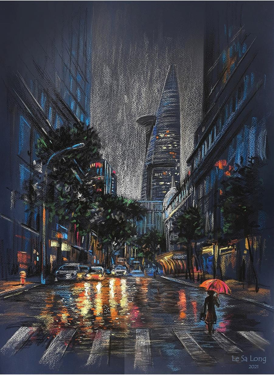 Sài Gòn vắng vẻ trong những ngày cách ly - Tranh: Họa sĩ Lê Sa Long