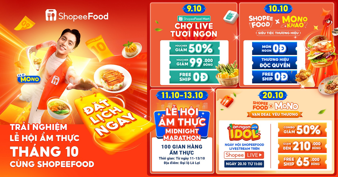 Không chỉ là không gian ăn uống, hàng loạt hoạt động còn kết hợp những trải nghiệm giải trí cho cá nhân, bạn bè và gia đình. Đặt lịch tham gia chuỗi hoạt động trong khuôn khổ lễ hội ẩm thực tháng 10 cùng ShopeeFood ngay hôm nay! Không chỉ là không gian ăn uống, hàng loạt hoạt động còn kết hợp những trải nghiệm giải trí cho cá nhân, bạn bè và gia đình. Đặt lịch tham gia chuỗi hoạt động trong khuôn khổ lễ hội ẩm thực tháng 10 cùng ShopeeFood ngay hôm nay!