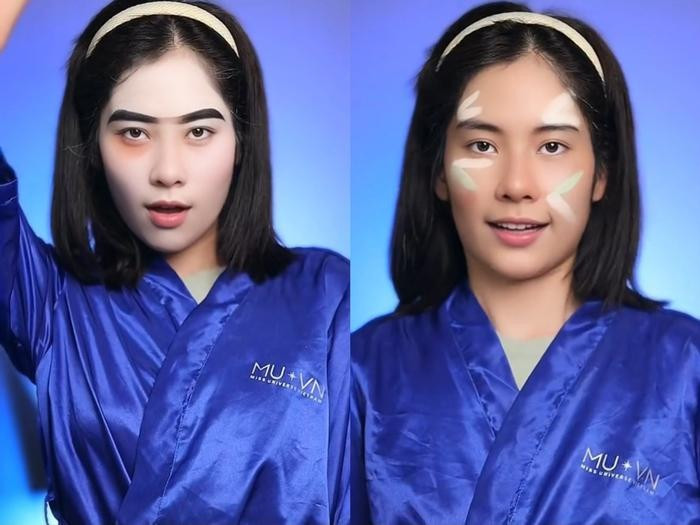 Lệ Nam mặc áo Miss Universe Vietnam để quay clip.