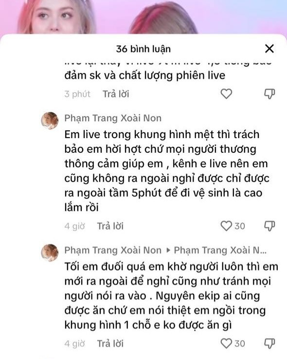 Xoài Non giải thích rằng cô ghi hình 9 tiếng liền nên quá mệt. Xoài Non giải thích rằng cô ghi hình 9 tiếng liền nên quá mệt.