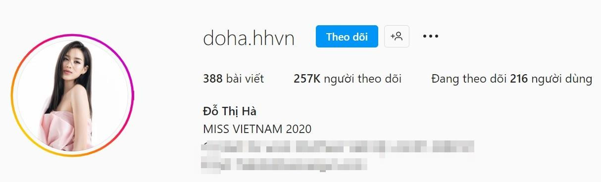 Riêng Hoa hậu Đỗ Thị Hà lại chưa thấy có tích xanh dù có tới 257K người theo dõi.