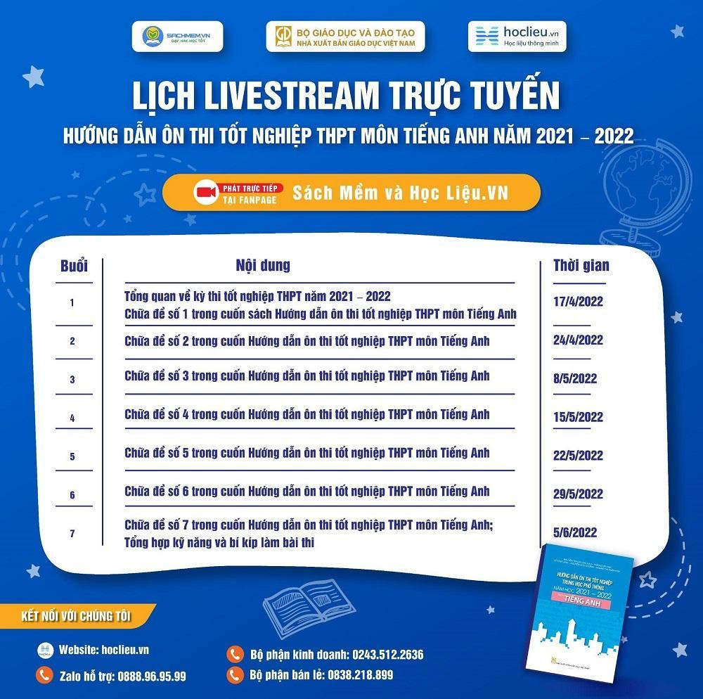 Lịch livestream trực tuyến Hướng dẫn ôn thi tốt nghiệp THPT môn Tiếng Anh năm 2021 - 2022. Lịch livestream trực tuyến Hướng dẫn ôn thi tốt nghiệp THPT môn Tiếng Anh năm 2021 - 2022.