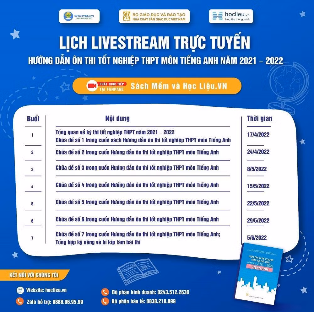 Lịch livestream trực tuyến Hướng dẫn ôn thi tốt nghiệp THPT môn Tiếng Anh năm 2021 - 2022.