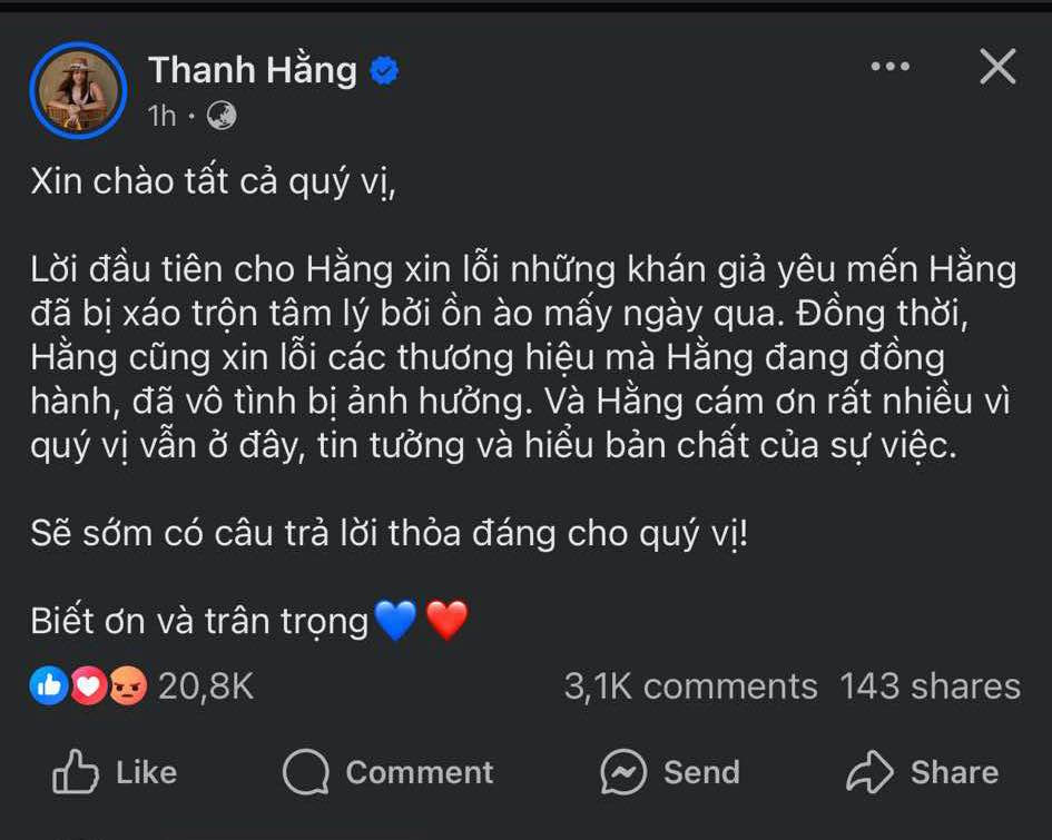 Thanh Hằng đã có phản hồi trên trang cá nhân, nhận về lượt tương tác lớn. Thanh Hằng đã có phản hồi trên trang cá nhân, nhận về lượt tương tác lớn.
