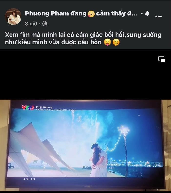 Bà xã Mạnh Trường rất thoải mái khi xem chồng đóng cảnh tình cảm.