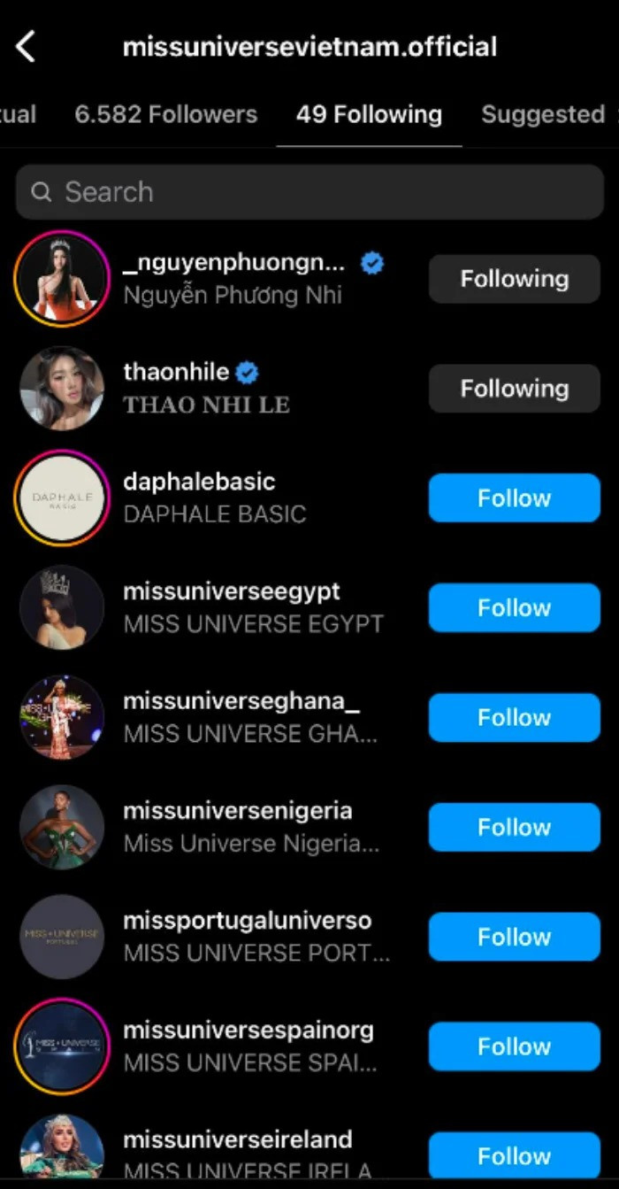 Tài khoản của Miss Universe Vietnam theo dõi Á hậu Phương Nhi. Tài khoản của Miss Universe Vietnam theo dõi Á hậu Phương Nhi.