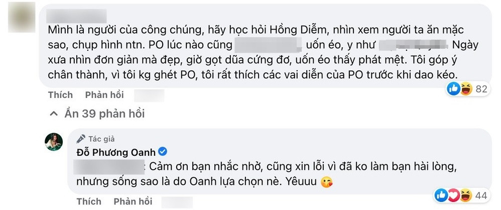 Phương Oanh nhẹ nhàng đáp trả một bình luận chê bai.