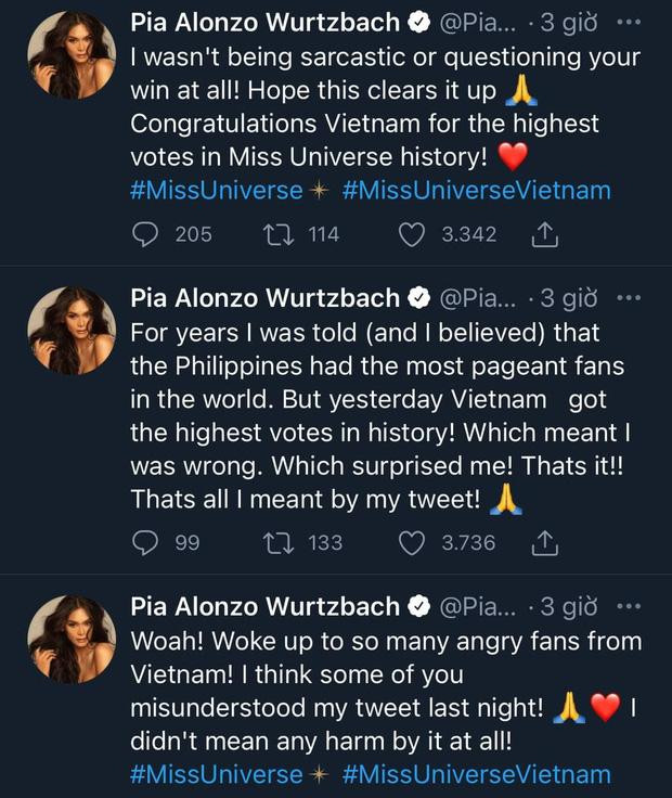 Pia phải đăng liền ba bài thanh minh trên Twitter. Pia phải đăng liền ba bài thanh minh trên Twitter.