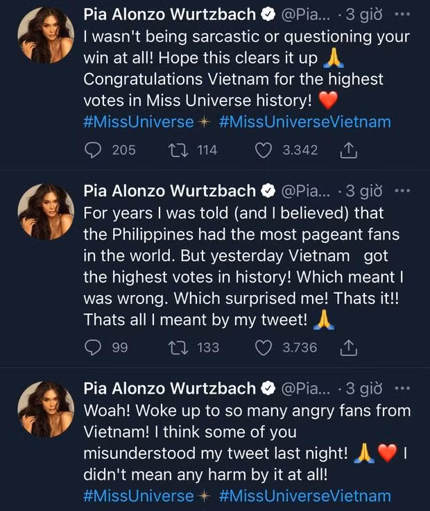 Pia phải đăng liền ba bài thanh minh trên Twitter.