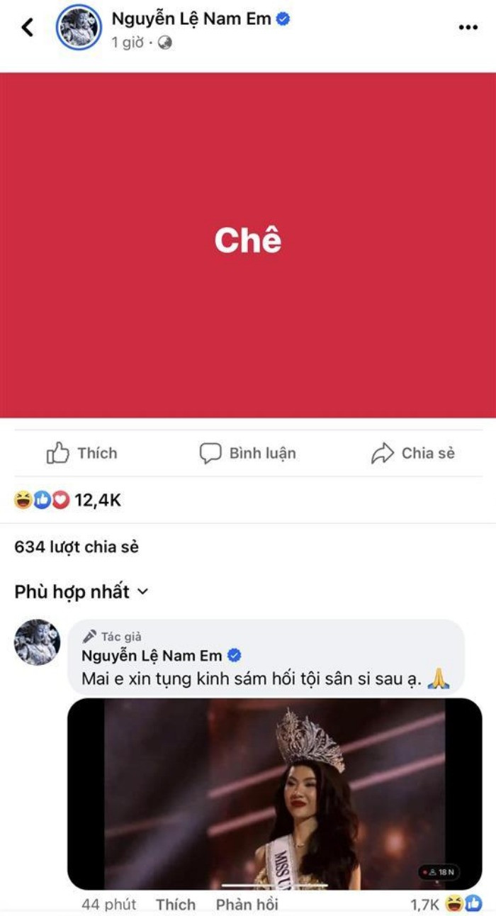 Nam Em bày tỏ trên MXH rằng cô không phục kết quả Miss Universe Vietnam 2023.