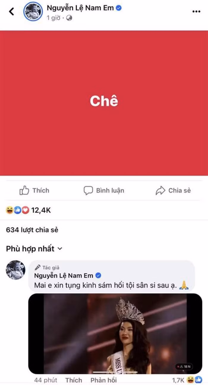 Nam Em bày tỏ trên MXH rằng cô không phục kết quả Miss Universe Vietnam 2023. Nam Em bày tỏ trên MXH rằng cô không phục kết quả Miss Universe Vietnam 2023.