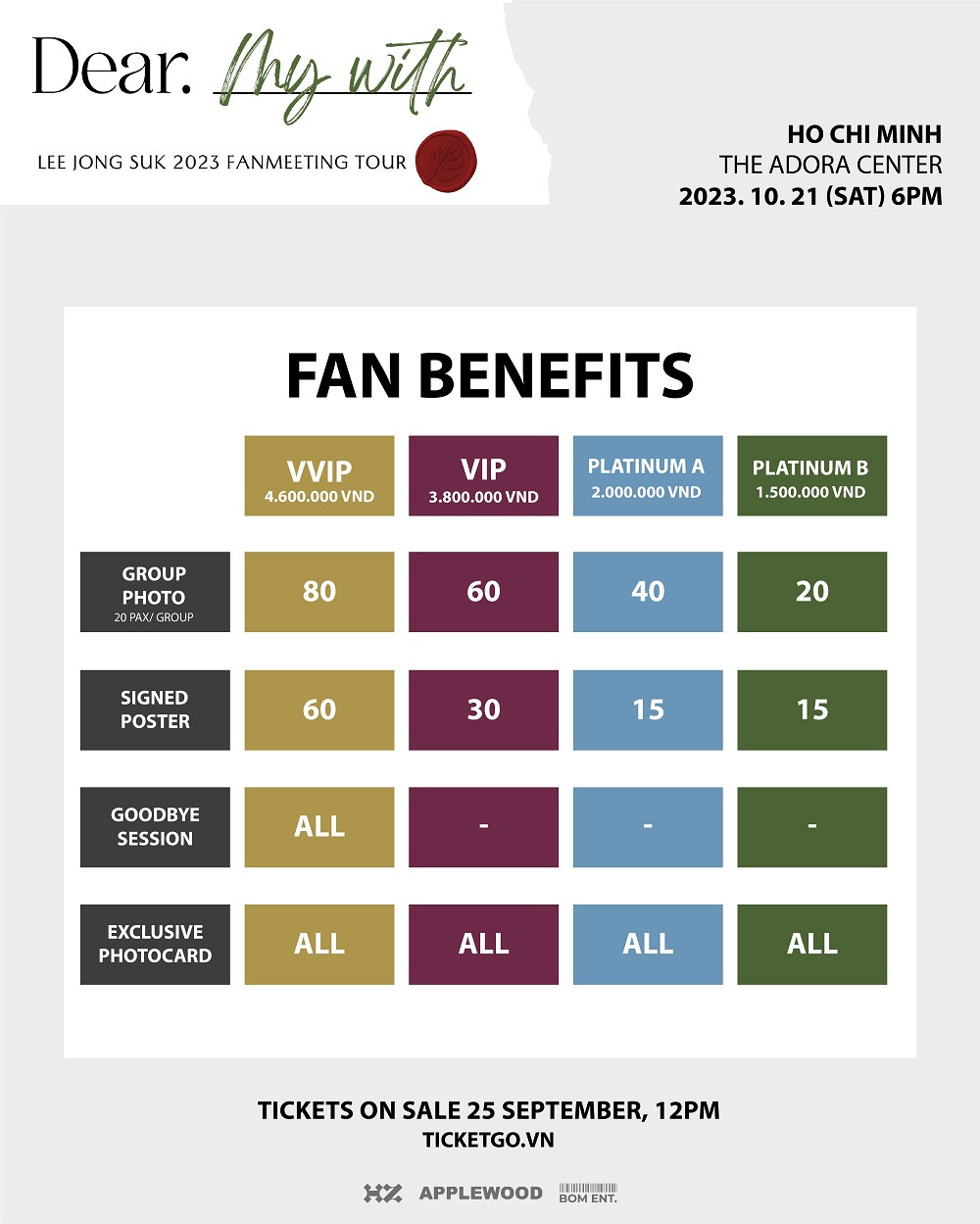 Các fan được nhận rất nhiều quyền lợi tùy theo các hạng vé. Các fan được nhận rất nhiều quyền lợi tùy theo các hạng vé.