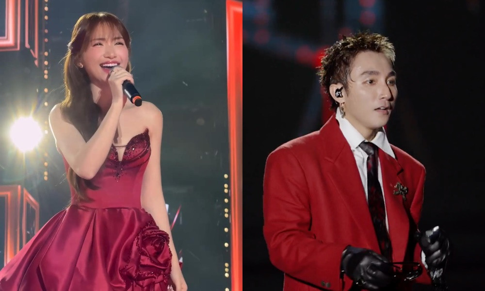 Sơn Tùng M-TP và Hòa Minzy đều mặc đồ đỏ.