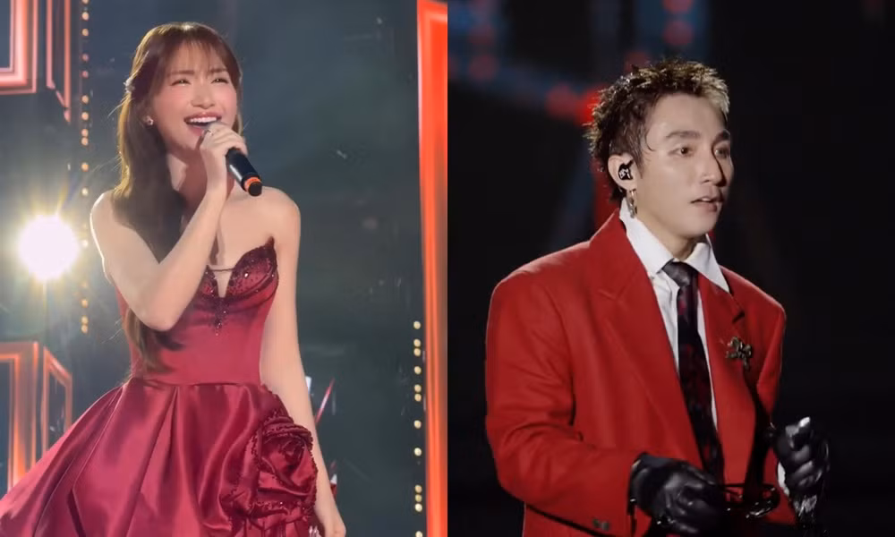Sơn Tùng M-TP và Hòa Minzy đều mặc đồ đỏ.