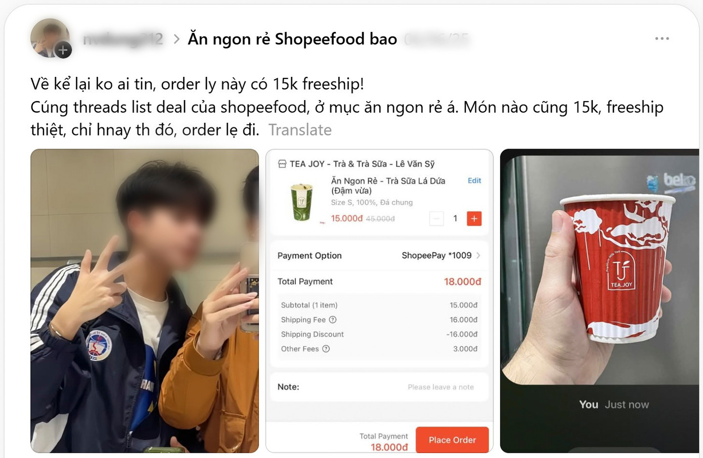 Sợ mọi người không tin giá một ly trà sữa 15.000 đồng, N.V.D đã nhanh tay chụp màn hình tính năng “Ăn Ngon Rẻ” của ShopeeFood làm bằng chứng “deal thật, giá thật”.