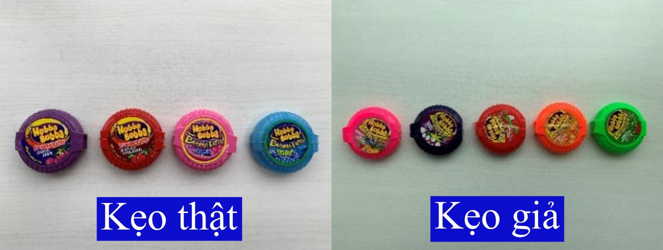 Trong khi kẹo Hubba Bubba có 4 loại hương vị tại thị trường Việt Nam và đóng lốc theo từng vị thì kẹo giả có tới 5 loại hương vị và đóng gói chung với nhau.