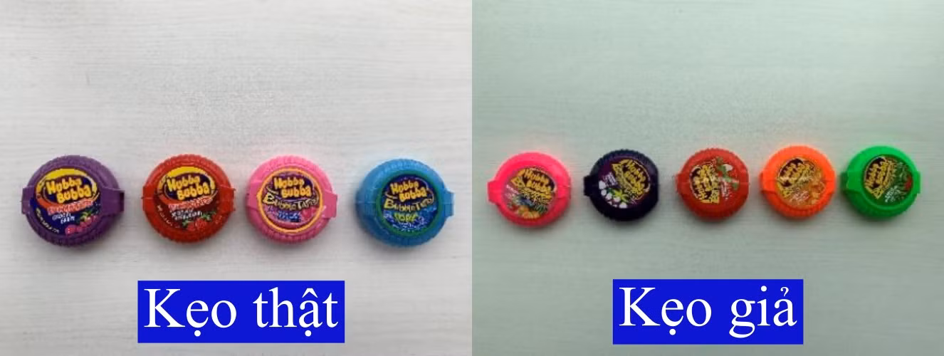 Trong khi kẹo Hubba Bubba có 4 loại hương vị tại thị trường Việt Nam và đóng lốc theo từng vị thì kẹo giả có tới 5 loại hương vị và đóng gói chung với nhau. Trong khi kẹo Hubba Bubba có 4 loại hương vị tại thị trường Việt Nam và đóng lốc theo từng vị thì kẹo giả có tới 5 loại hương vị và đóng gói chung với nhau.
