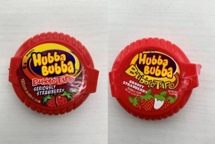 Chất lượng in trên bao bì của kẹo Hubba Bubba thật tốt hơn so với bao bì kẹo giả. Đặc biệt, với loại kẹo cao su hương Seriously Strawberry giả thì màu sắc bao bì sẽ nhạt hơn kẹo thật