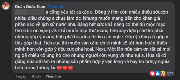 Nam diễn viên thừa nhận bộ phim còn nhiều thiếu sót nhưng cả ê-kíp đã cố gắng. Nam diễn viên thừa nhận bộ phim còn nhiều thiếu sót nhưng cả ê-kíp đã cố gắng.