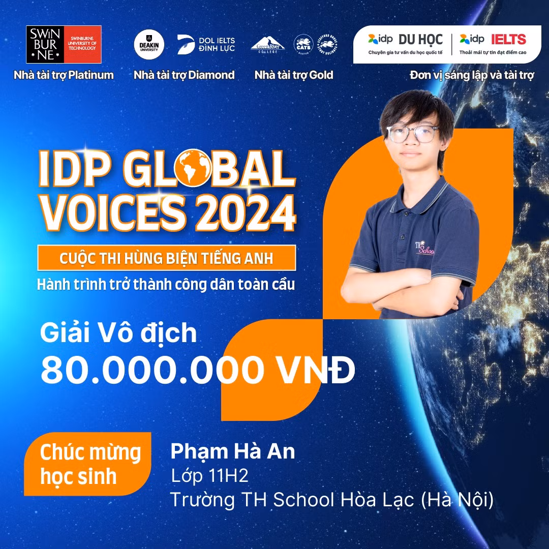 Phạm Hà An, học sinh lớp 11 trường TH School Hòa Lạc (Hà Nội) là Nhà vô địch cuộc thi IDP Global Voices 2024.