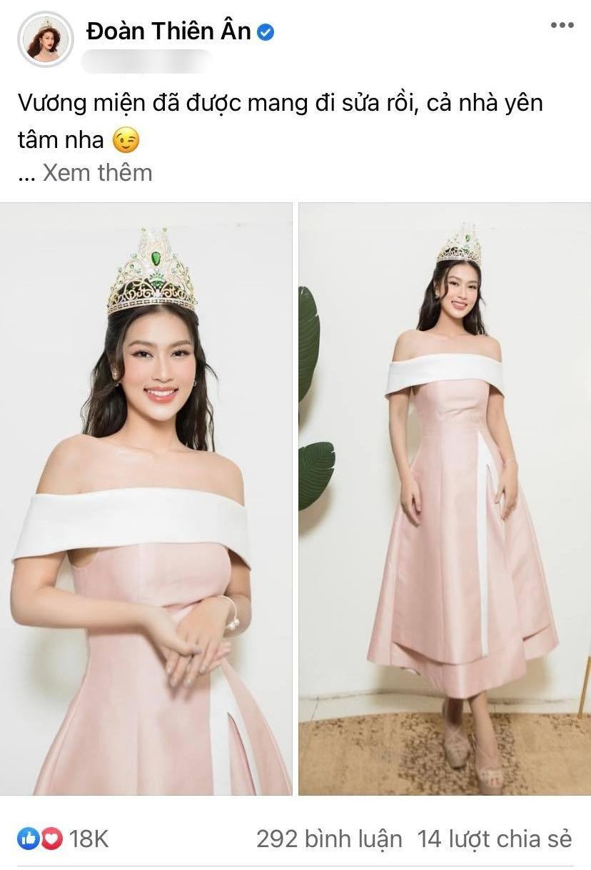 Nàng hậu khoe tin vui vương miện đã được mang đi sửa.