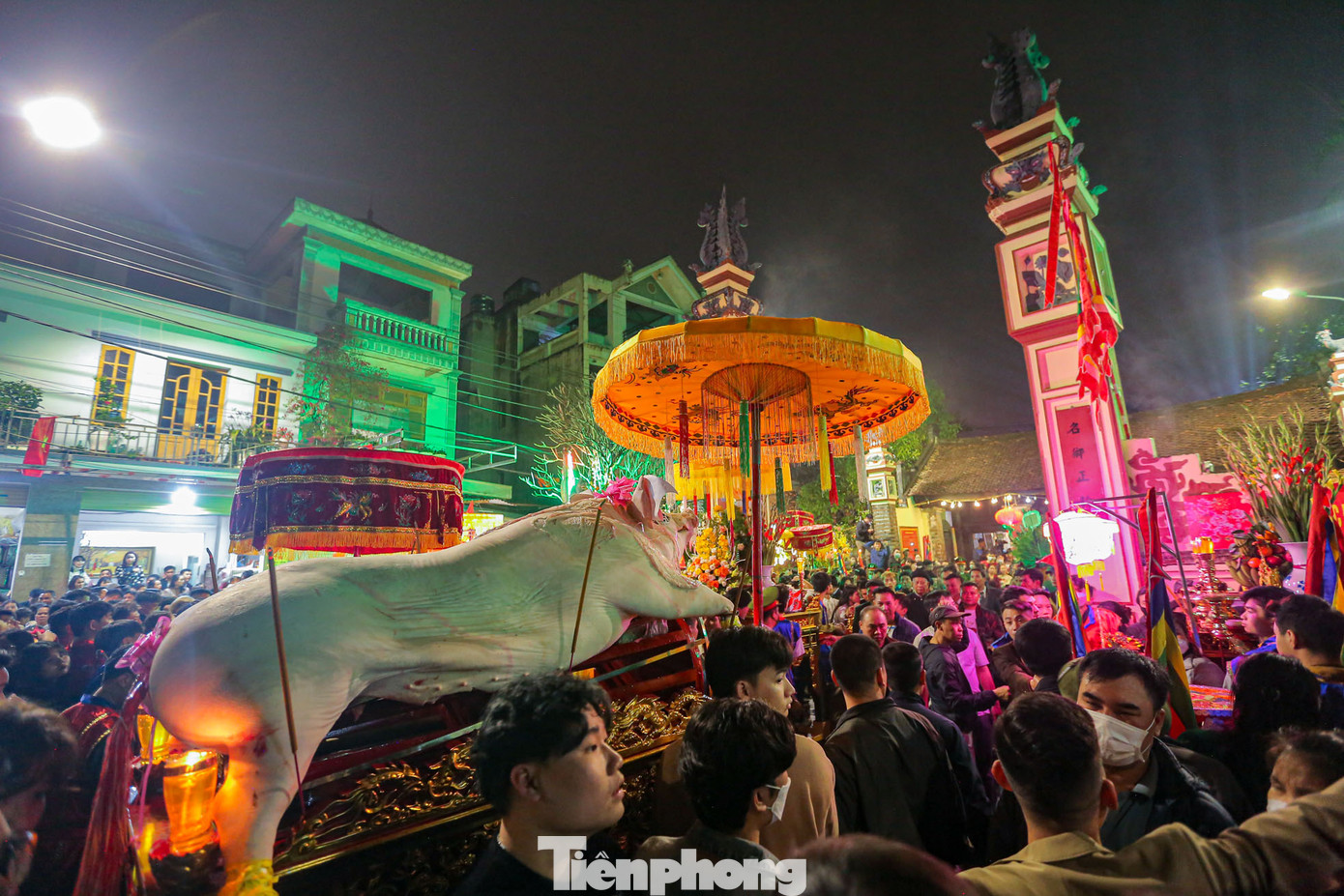 Đúng 21h, các "ông lợn" được rước vào đình.