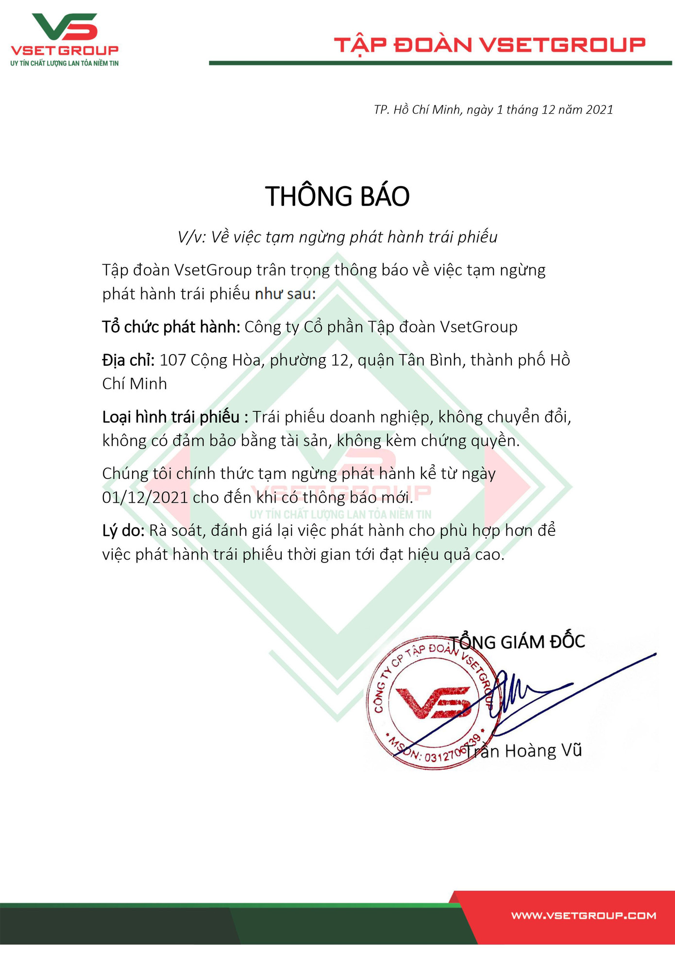 Sau quyết định xử phạt, VsetGroup thông báo tạm ngừng phát hành trái phiếu