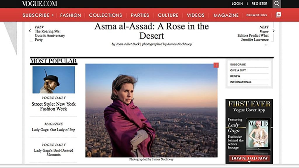 Bài báo gọi cựu Đệ nhất phu nhân Syria là &quot;bông hồng trên sa mạc&quot; khiến Vogue bị chỉ trích trong một thời gian dài.