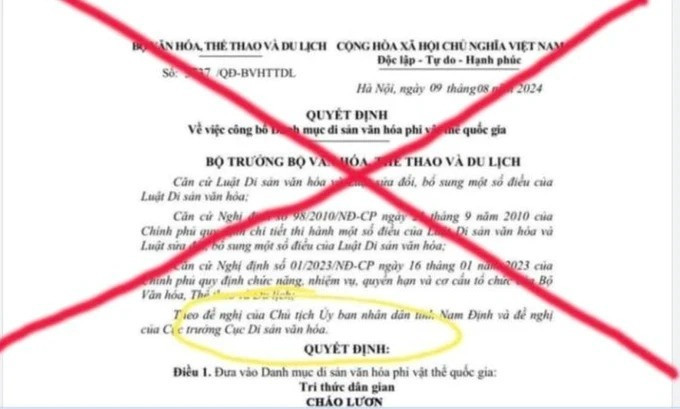 Văn bản giả mạo cháo lươn là di sản văn hóa phi vật thể quốc gia.