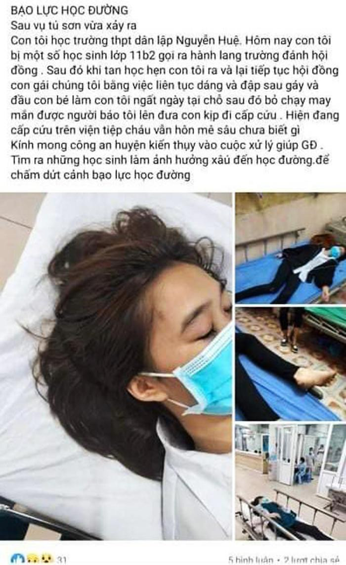 Nữ sinh Trường THPT Nguyễn Huệ (huyện Kiến Thụy, TP Hải Phòng) bị bạn đánh hội đồng, phải nhập viện cấp cứu. Nữ sinh Trường THPT Nguyễn Huệ (huyện Kiến Thụy, TP Hải Phòng) bị bạn đánh hội đồng, phải nhập viện cấp cứu.