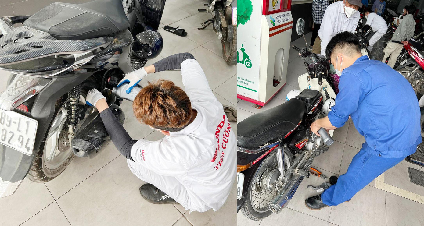 Người dân xếp hàng tại khu vực Thay dầu miễn phí để được trải nghiệm dịch vụ của HEAD Tiến Cường.