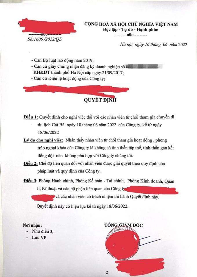 Văn bản của công ty về quy định du lịch công ty (Ảnh: Facebook)