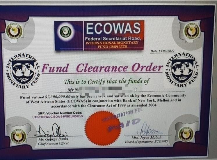 Giấy xác nhận giả mạo thể hiện anh H. được thừa hưởng số tiền 7,3 triệu USD Giấy xác nhận giả mạo thể hiện anh H. được thừa hưởng số tiền 7,3 triệu USD