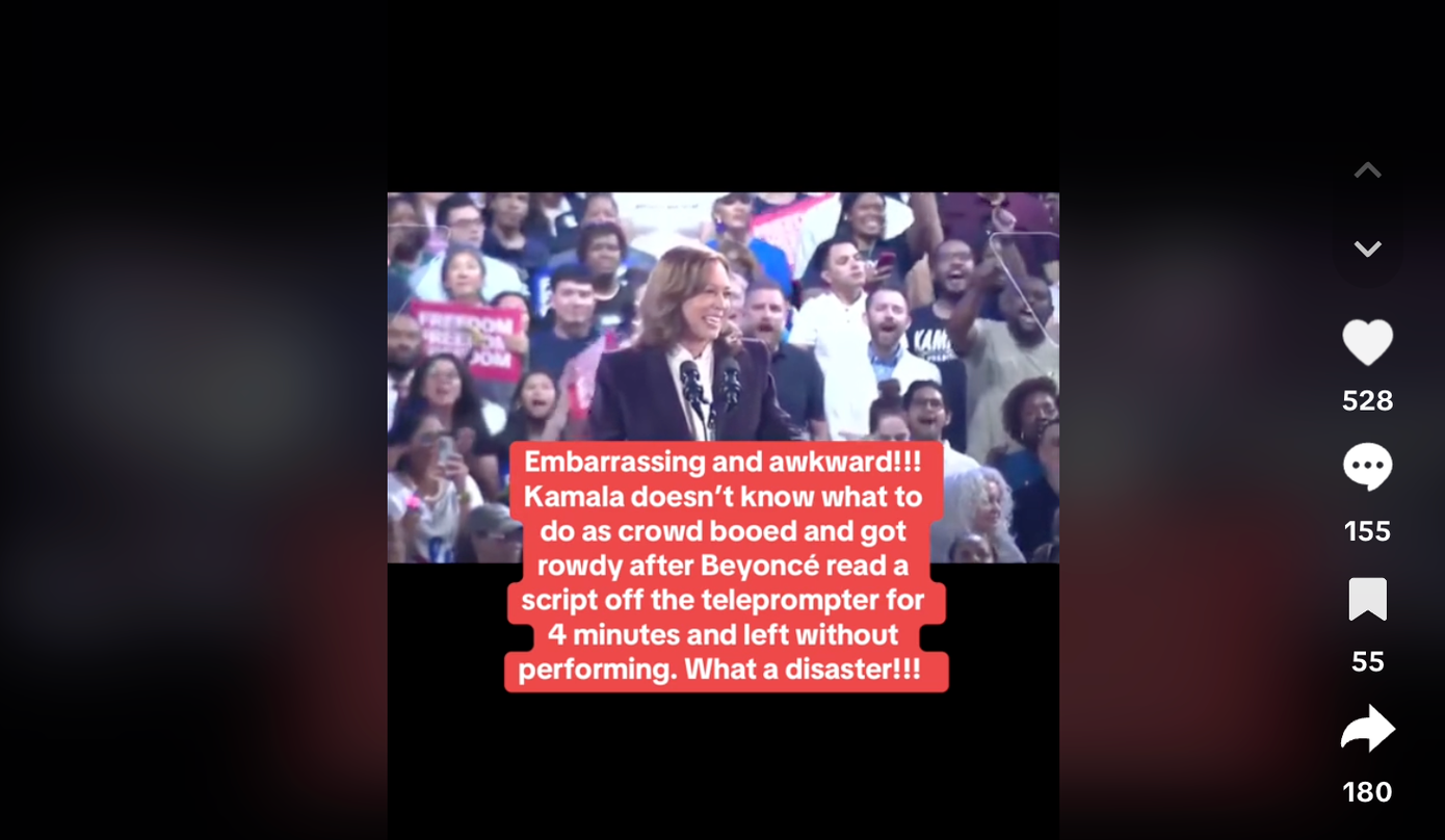Khán giả gọi cuộc mít tinh của bà Harris là thảm họa vì không được nghe Beyoncé hát. Ảnh cắt từ TikTok.