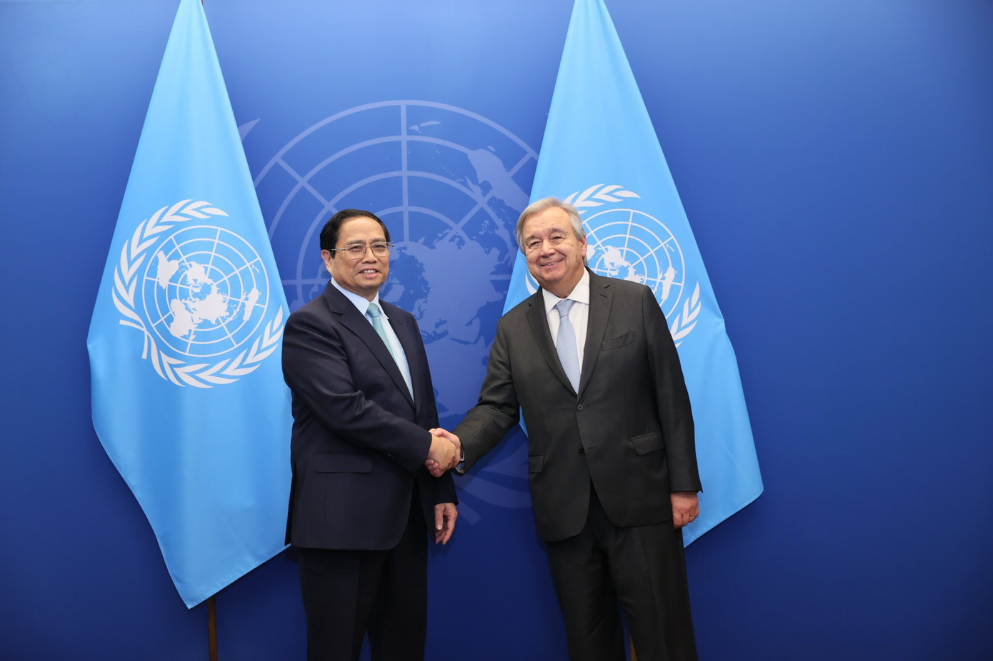 Thủ tướng Chính phủ Phạm Minh Chính đã gặp Tổng Thư ký Liên hợp quốc António Guterres tại trụ sở Liên hợp quốc. Ảnh: DG