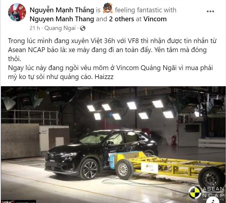 Anh Mạnh Thắng không quá bất ngờ khi biết tin VF 8 được ASEAN NCAP “chấm” 5 sao về mức độ an toàn. (Ảnh: FBNV) Anh Mạnh Thắng không quá bất ngờ khi biết tin VF 8 được ASEAN NCAP “chấm” 5 sao về mức độ an toàn. (Ảnh: FBNV)