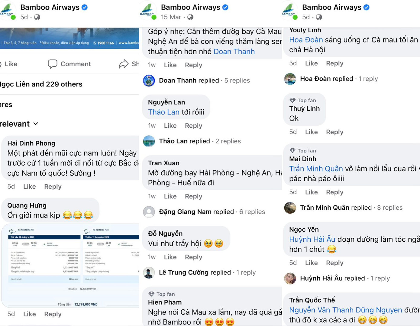 Nhiều khách hàng của Bamboo Airways thể hiện niềm vui khi hãng mở đường bay Hà Nội – Cà Mau