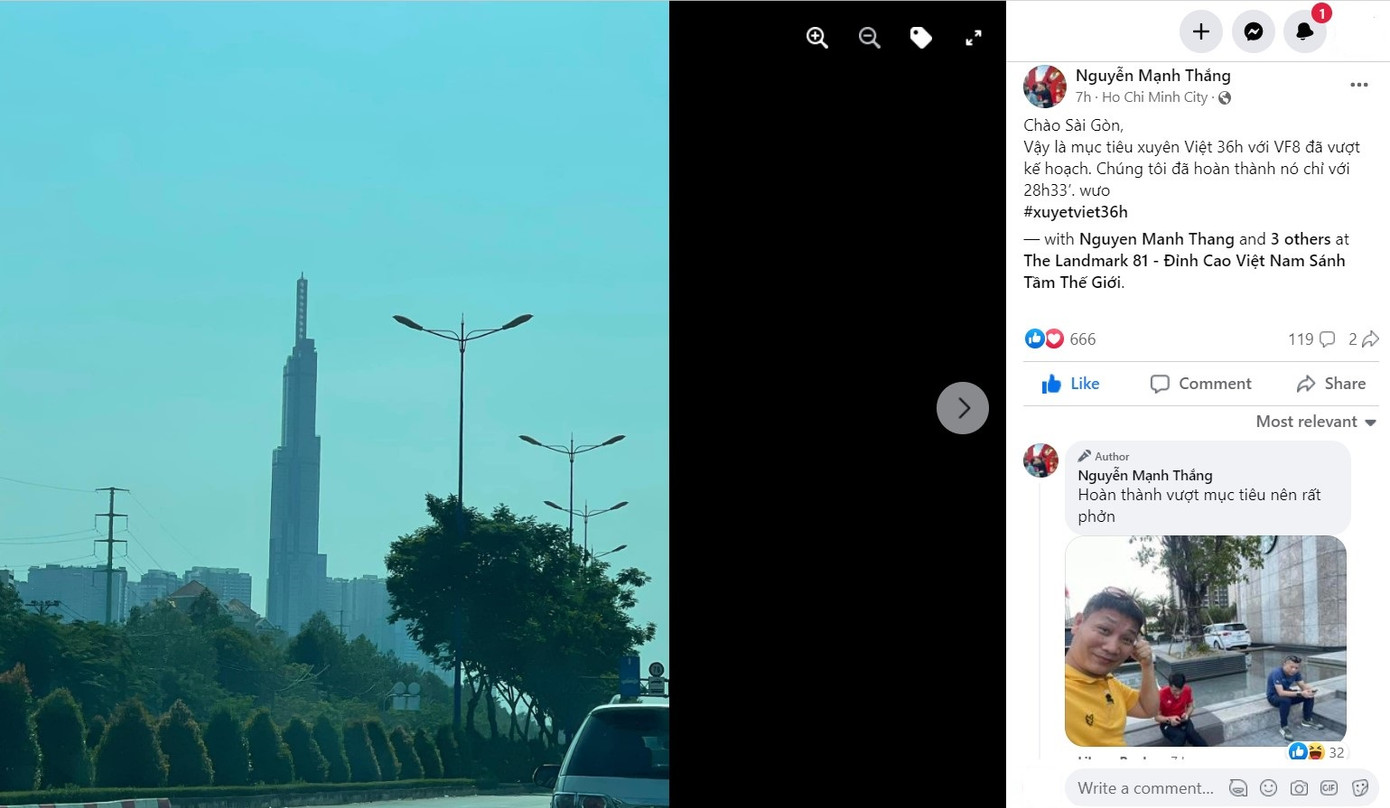 Anh Mạnh Thắng chia sẻ cảm xúc phấn khích khi vượt mục tiêu đề ra trong chuyến xuyên Việt bằng VinFast VF 8. (Ảnh: FBNV) Anh Mạnh Thắng chia sẻ cảm xúc phấn khích khi vượt mục tiêu đề ra trong chuyến xuyên Việt bằng VinFast VF 8. (Ảnh: FBNV)