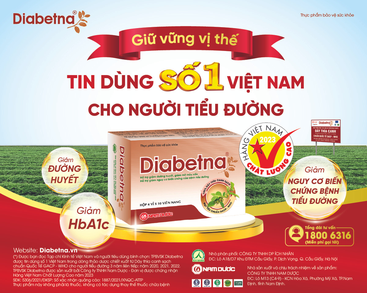 TPBVSK Diabetna được sản xuất bởi Công ty TNHH Nam Dược - Đơn vị được chứng nhận Hàng Việt Nam Chất Lượng Cao (năm 2023) TPBVSK Diabetna được sản xuất bởi Công ty TNHH Nam Dược - Đơn vị được chứng nhận Hàng Việt Nam Chất Lượng Cao (năm 2023)