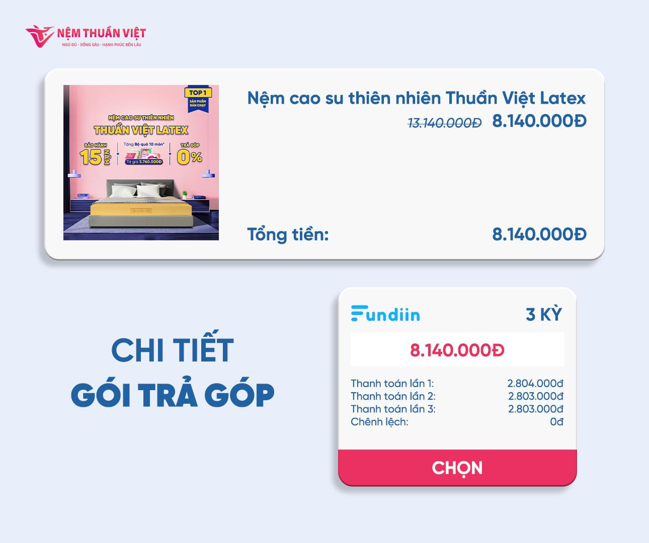 Chi tiết trả góp sản phẩm nệm cao su thiên nhiên Thuần Việt