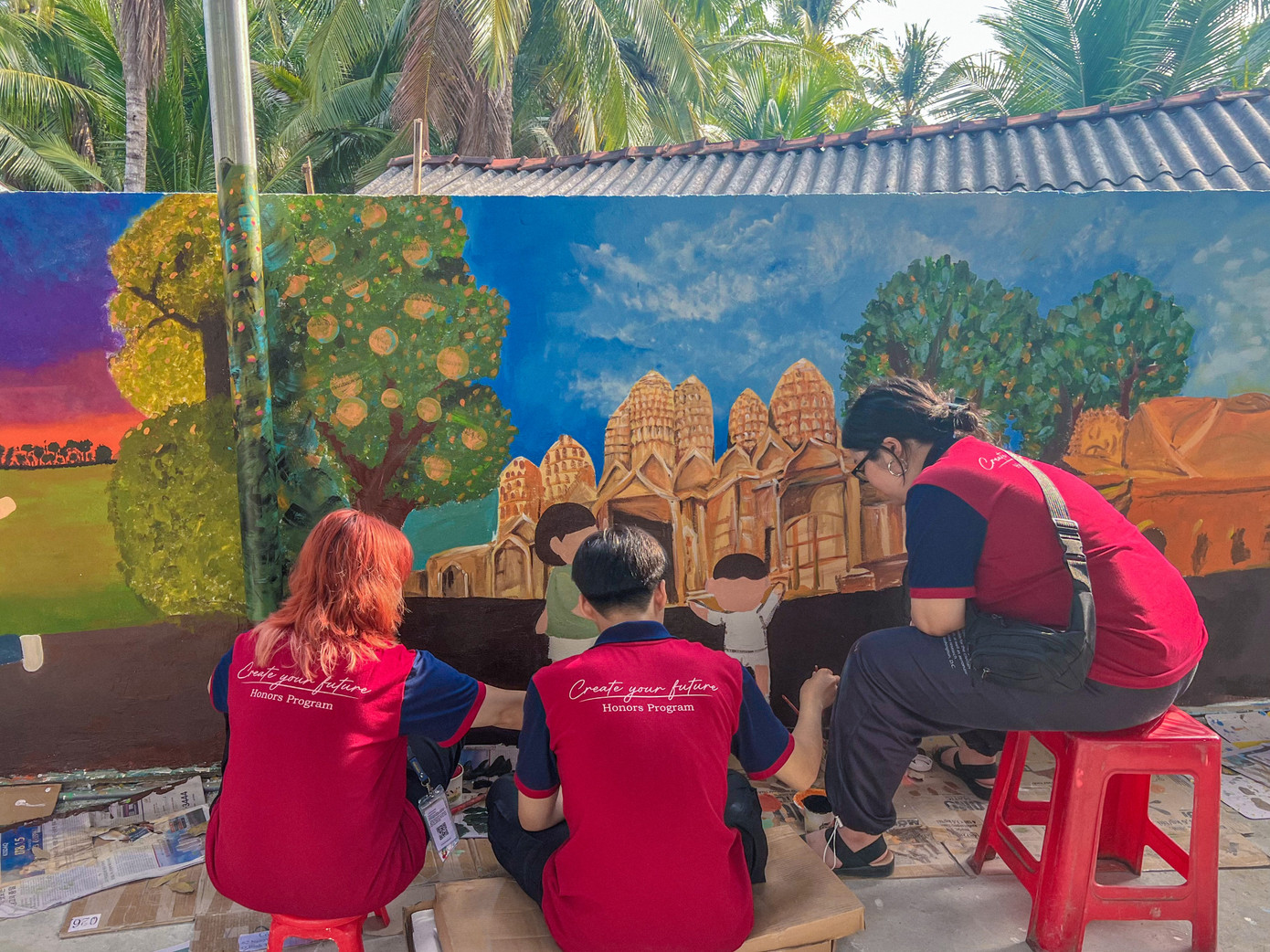 Hình ảnh Chùa Vàm Ray cùng tượng Phật nằm mang đậm nét dân tộc của đồng bào Khmer qua nét cọ của sinh viên ngành Thiết kế Đồ họa Trường Đại học Văn Lang.