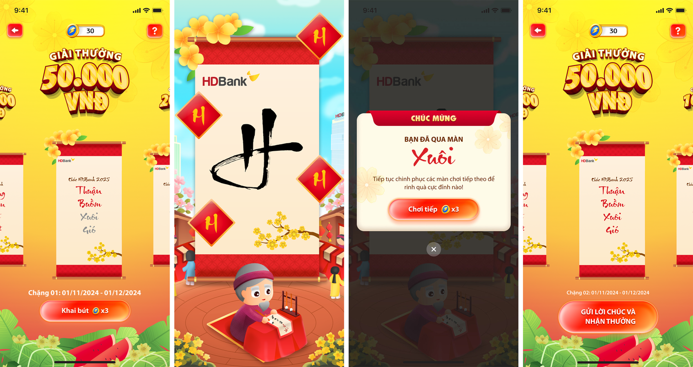 Trên hành trình du xuân ngắm mai đào nở trên app HDBank, khách hàng sẽ nhận được những lời chúc ý nghĩa từ Ông Đồ cùng cơ hội lãnh tiền thưởng “ting ting” ngay vào tài khoản. Trên hành trình du xuân ngắm mai đào nở trên app HDBank, khách hàng sẽ nhận được những lời chúc ý nghĩa từ Ông Đồ cùng cơ hội lãnh tiền thưởng “ting ting” ngay vào tài khoản.